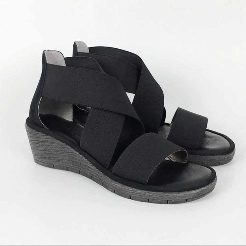 The‎ Flexx Womens Size 6.5 Happy Daze Black Elastic Platform Wedge Sandals Shoes